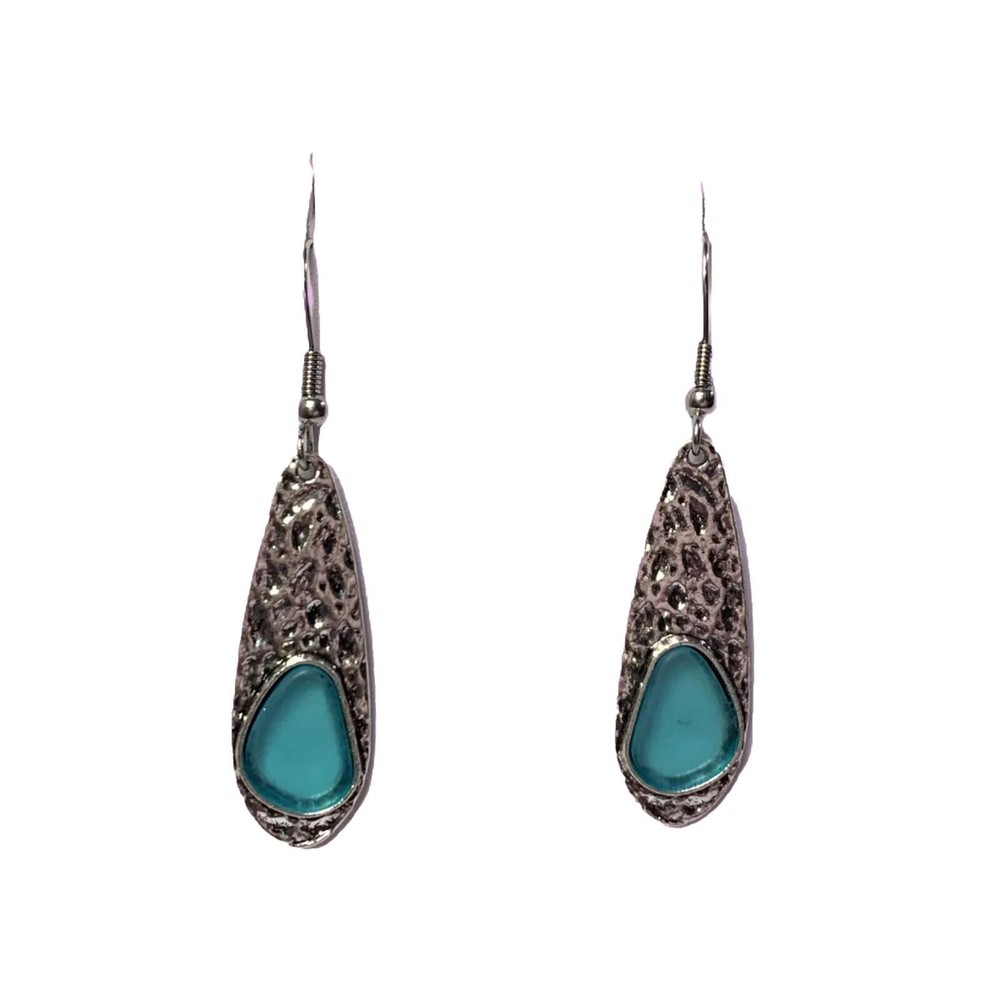Aqua Sea Glass Rustic Drop Earrings Antique Silver Plating Stainless  Hooks—New